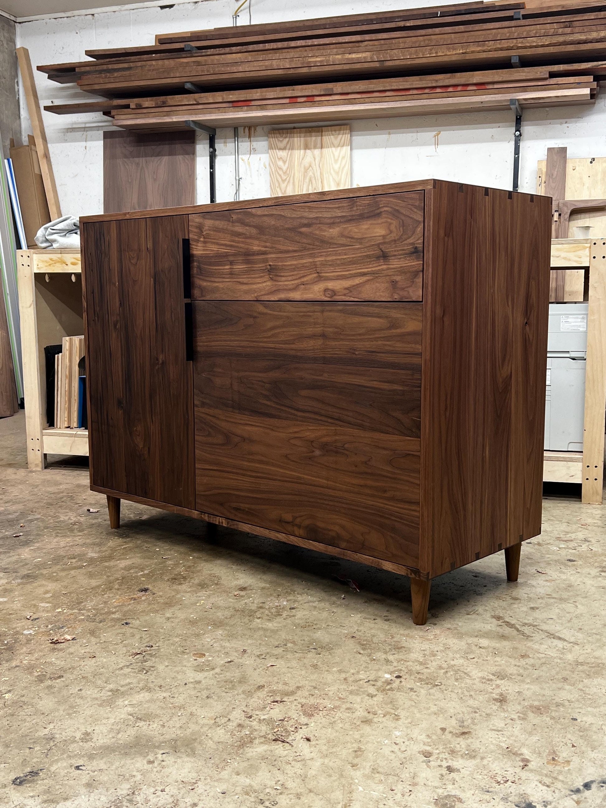 Customizable Coffee Station, Wine Cooler, Mini Fridge Cabinet with drawer, adjustable shelving, brass hinges.