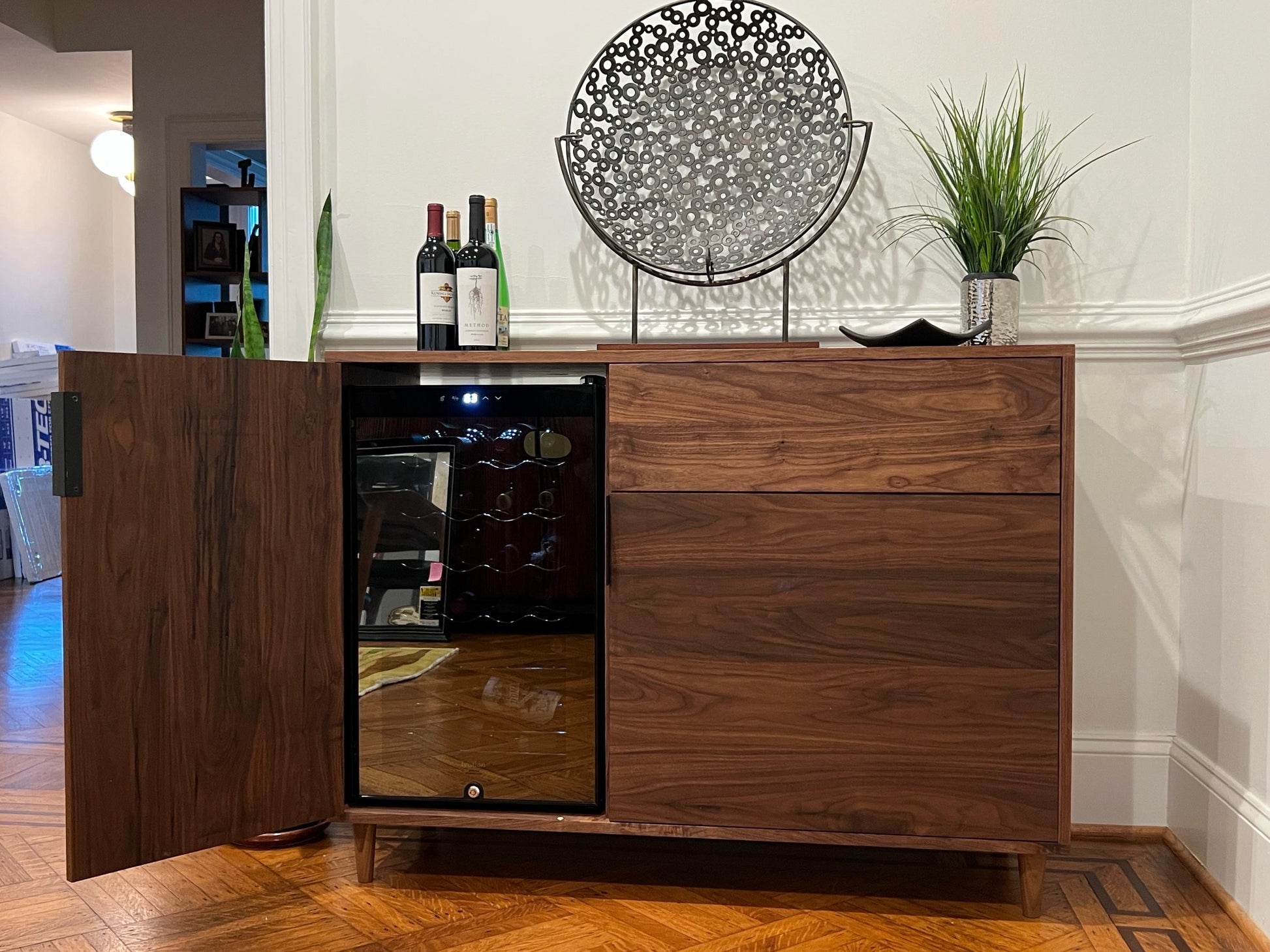 Customizable Coffee Station, Wine Cooler, Mini Fridge Cabinet with drawer, adjustable shelving, brass hinges.