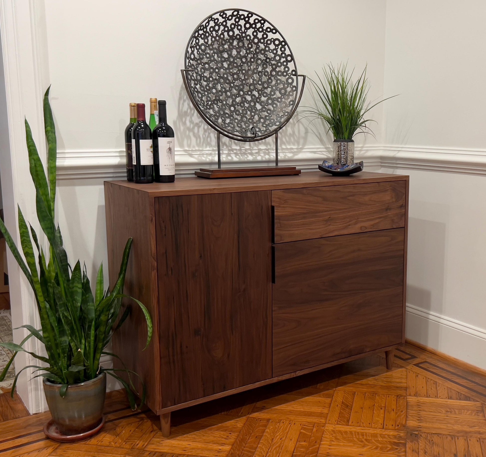 Customizable Coffee Station, Wine Cooler, Mini Fridge Cabinet with drawer, adjustable shelving, brass hinges.