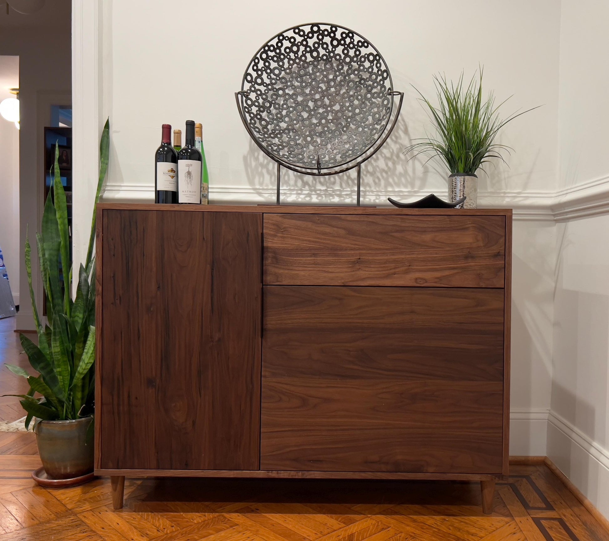 Customizable Coffee Station, Wine Cooler, Mini Fridge Cabinet with drawer, adjustable shelving, brass hinges.