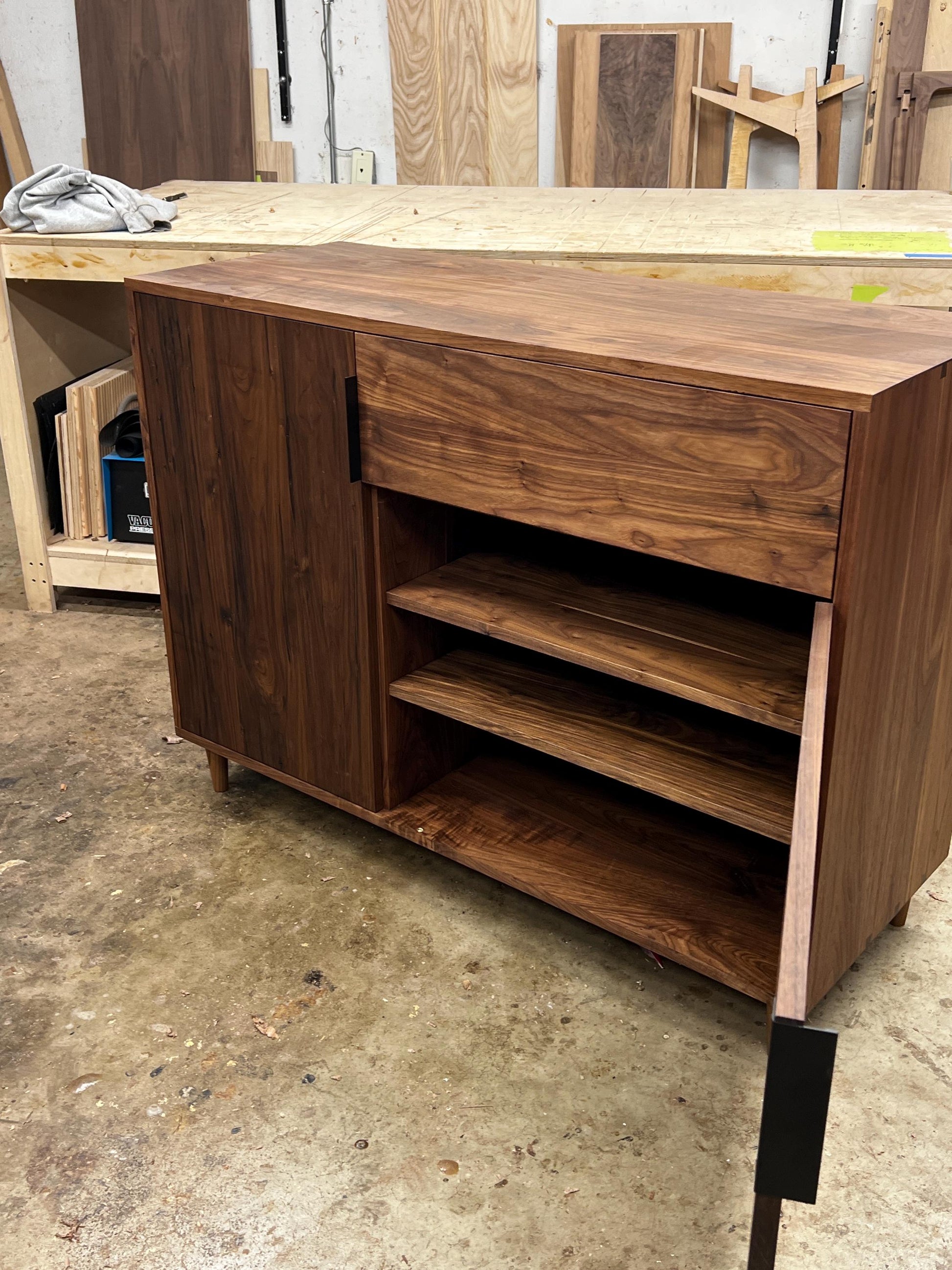 Customizable Coffee Station, Wine Cooler, Mini Fridge Cabinet with drawer, adjustable shelving, brass hinges.