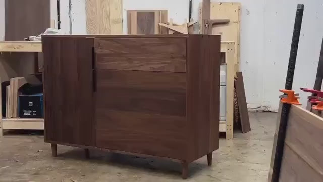 Customizable Coffee Station, Wine Cooler, Mini Fridge Cabinet with drawer, adjustable shelving, brass hinges.