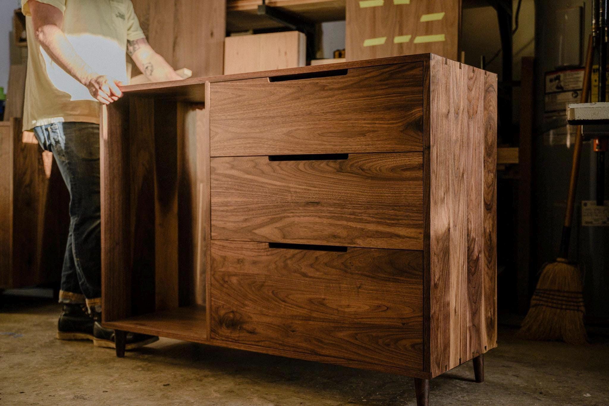 the “Santa Elena” cabinet with Mini Fridge / Wine Cooler, 3 drawers for storage, tapered legs & multiple wood options