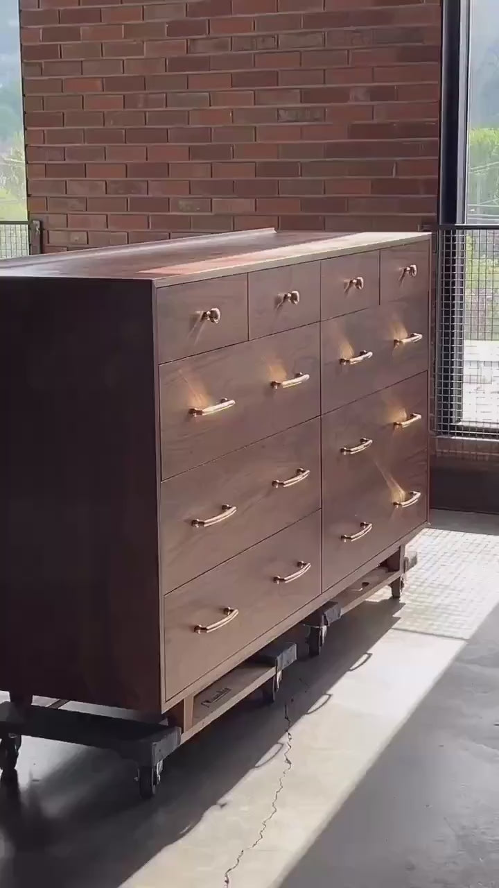 The “Levine Dresser”, Mid Century Modern Hardwood Dresser with a Gallery Rail & Hand Cut Joinery. Fully Customizable Sizing and Drawers.